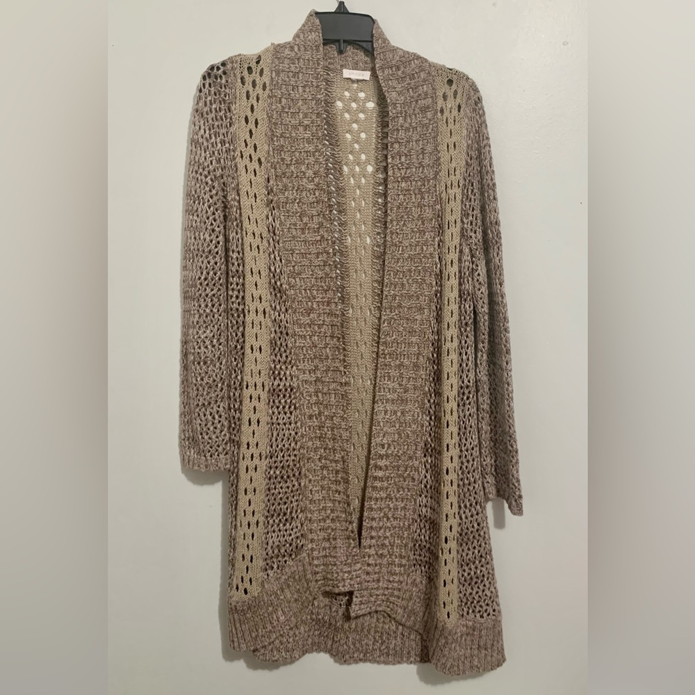 Chico Crochet pattern Multi Brown Knit Long Open Cardigan by Chico’s size 1 Medi